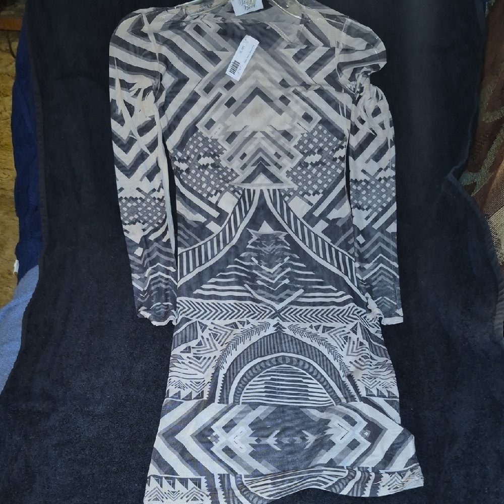 Brown, Cream And Tan Monochrome Geometric Long Sleeve Dress - Picture 5 of 5